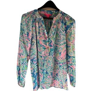Lilly Pulitzer Silk Tunic Blouse Shirt Top Underwater Paisley Pink Blue Sz S LS
